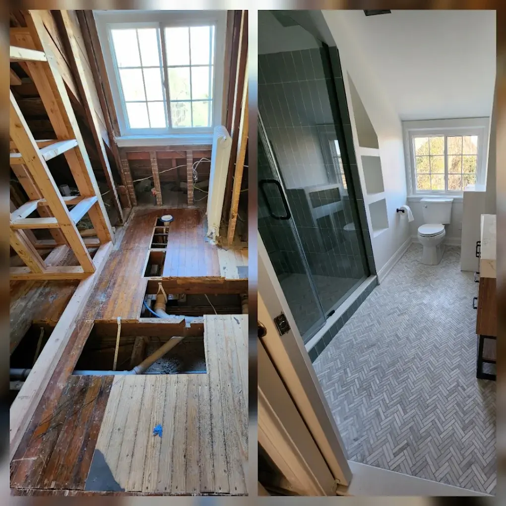 Before and after full bathroom renovation showing exposed framing to finished space